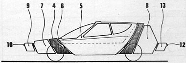A biztonsági autó hosszmetszeti képe. A számok a következő szerkezeti részeket jelzik: 4 – ütközőelem; 5 – utasfülke; 6 – rugalmas betét; 7/8 – alvázhoz rögzített ütközőelemek; 9/13 – hidraulikus rögzítők; 10/12 – gumi 