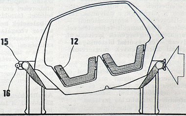 Ha oldalával ütközik a kocsi, a szerkezet a frontális ütközéskor látottakhoz hasonlóan viselkedik. A hidraulikus és gumiütközőkre (15/16) ható erő deformálja az alvázelemet, az utastér felemelkedik. A rajzon jól látható, hogy az ülések csészében való elhe