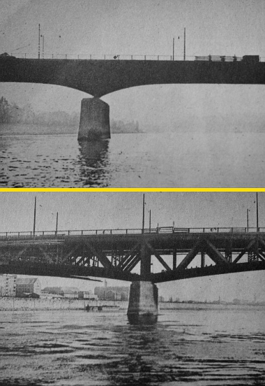 A két helyszín: az Árpád-híd és a Petőfi-híd, a kitört korlátok ideiglenes pótlása után