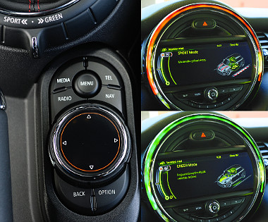 Az opciós, kézírás-felismerő i-Drive előtt az üzemmódkapcsoló. A középálláson kívül takarékosságra optimalizált Green és Sport program választható. Az üzemmód vicces grafikán és a LED-gyűrűn is visszaköszön