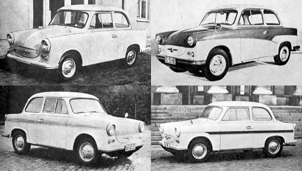 Az 1958 tavaszától készülő Trabant-modellek nagy fejlődésen mentek át. A képek a formai változásokra emlékeztetnek