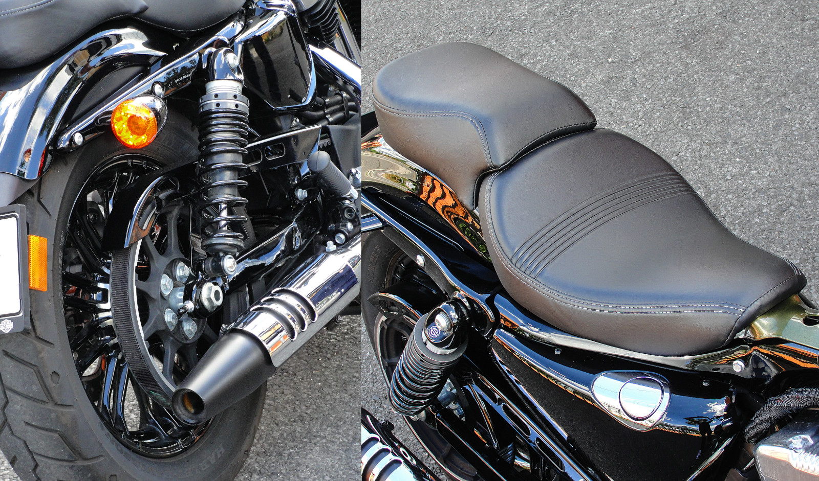 Tipikus Harley: szíjhajtás és szivarvégre emlékeztető kipufogó. Kétüléses kivitelben is elérhető a Forty-Eight, de a hátsó ülés egészen apró